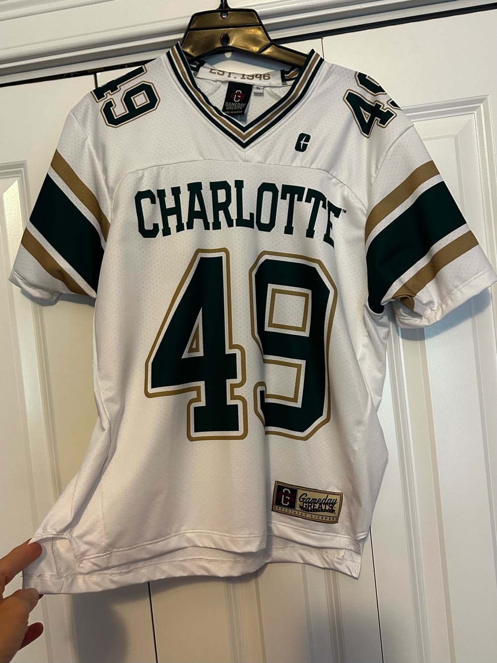 Charlotte forty-niners Football Jersey - White/Green/Gold, Size Youth Large